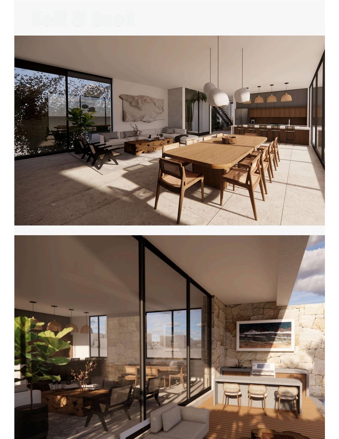 Render interior del Proyecto KASA: área social open-concept y terraza